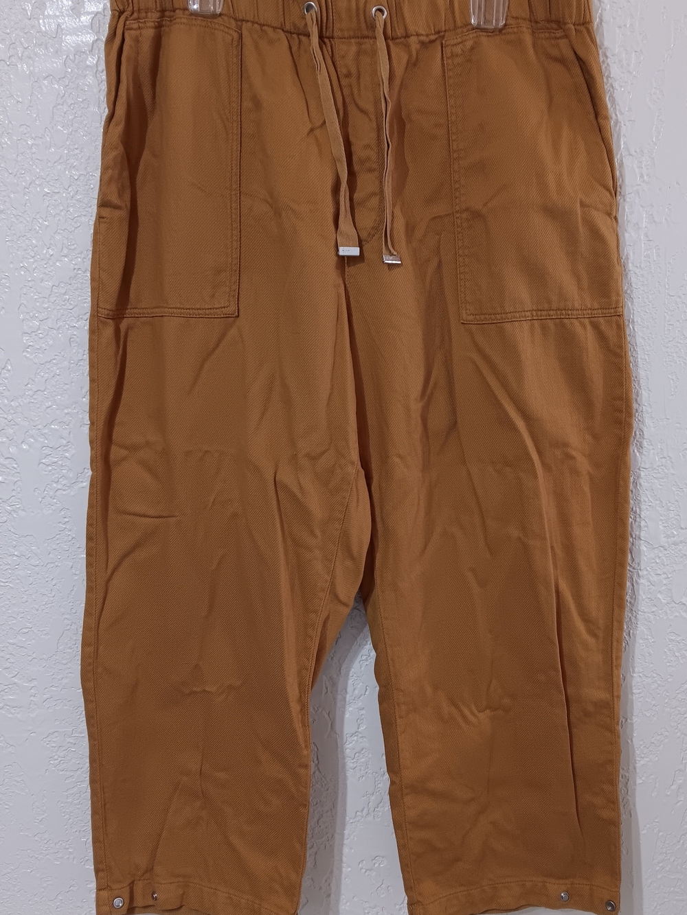 Zara Camel Brown High Rise Drawstring Jogger Cropped Pants Snap Hem XXL